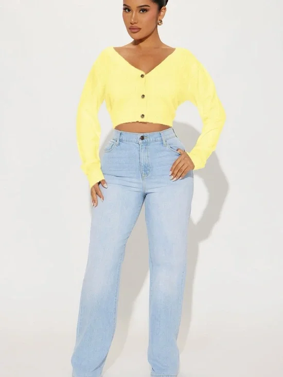 Fashion Nova Yellow Cropped Button-Front V-Neck Cardigan - Picture 2 of 6